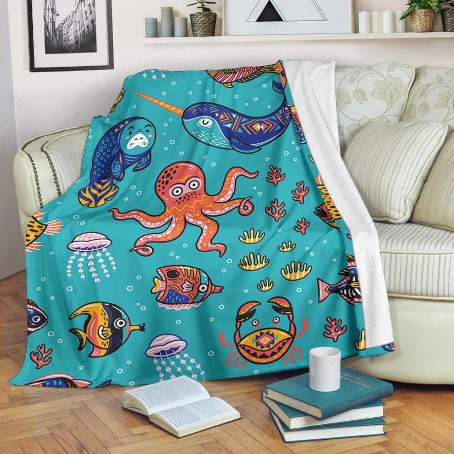 Manatee Whale Fish Octopus Pattern Print Blanket