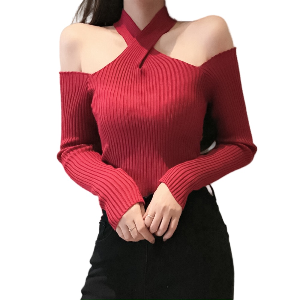 Summer Women Long Sleeve Heart Criss Cross Ribbed Knit Pull Sexy Sweater Cold Shoulder Off Top Femme Pullover Clothes Jersey alx