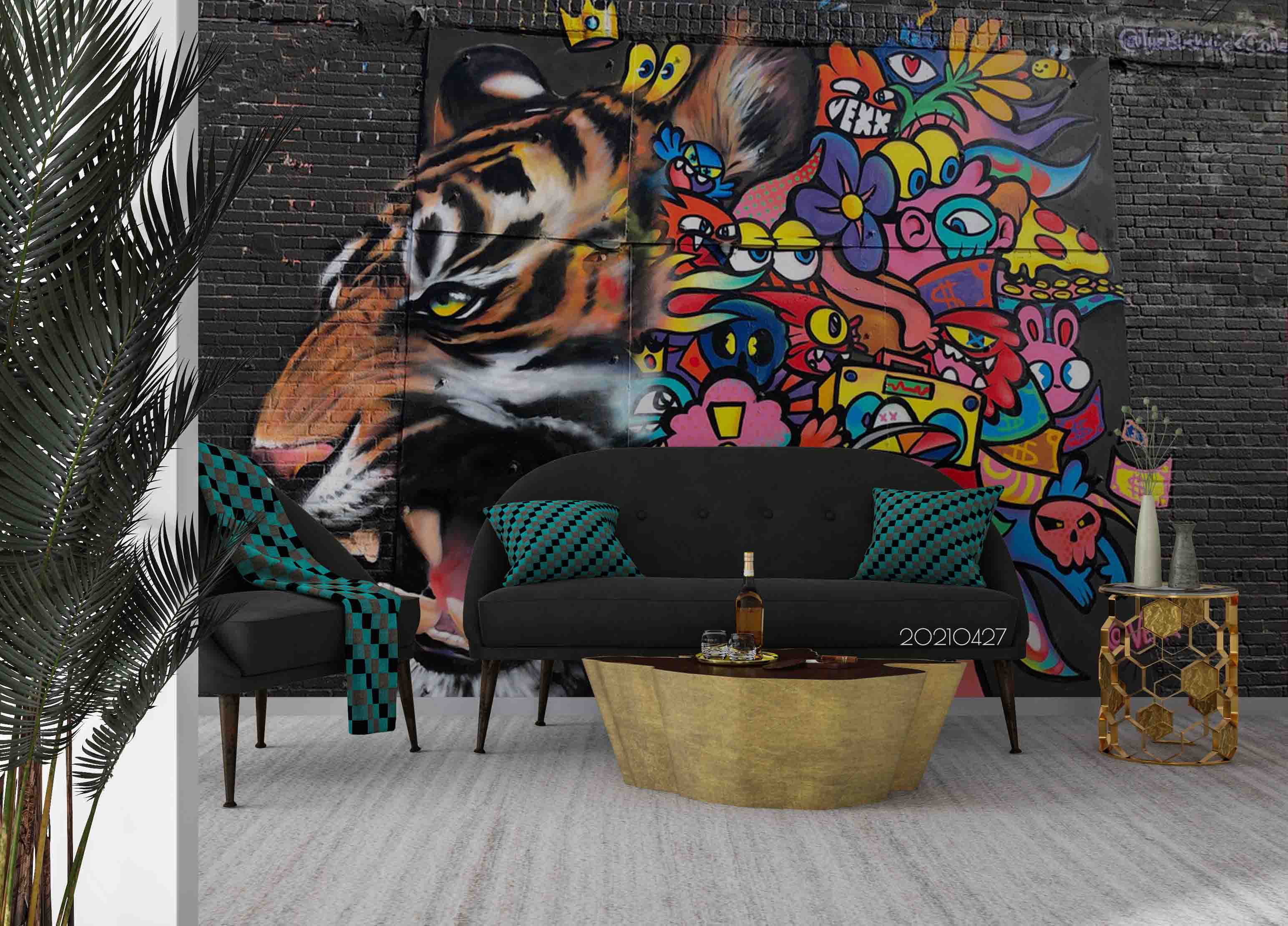 3D Tiger Floral Color Doodle Wall Mural Wallpaper Lqh 39