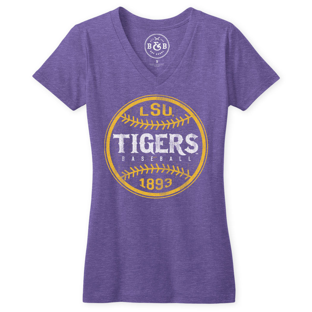 B&B Dry Goods LSU Tigers Baseball Laces Women’s Tri-Blend V-Neck – Purple