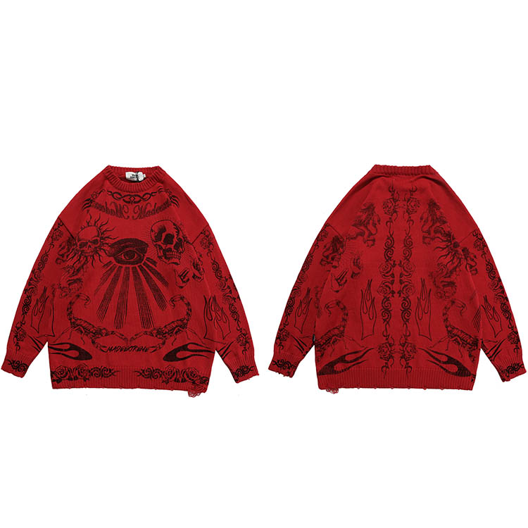 2022 Hip Hop Knitted Sweater Streetwear Rose Eye Scorpion Print Ripped Pullover Men Harajuku Cotton Casual Autumn Sweater Skull alx