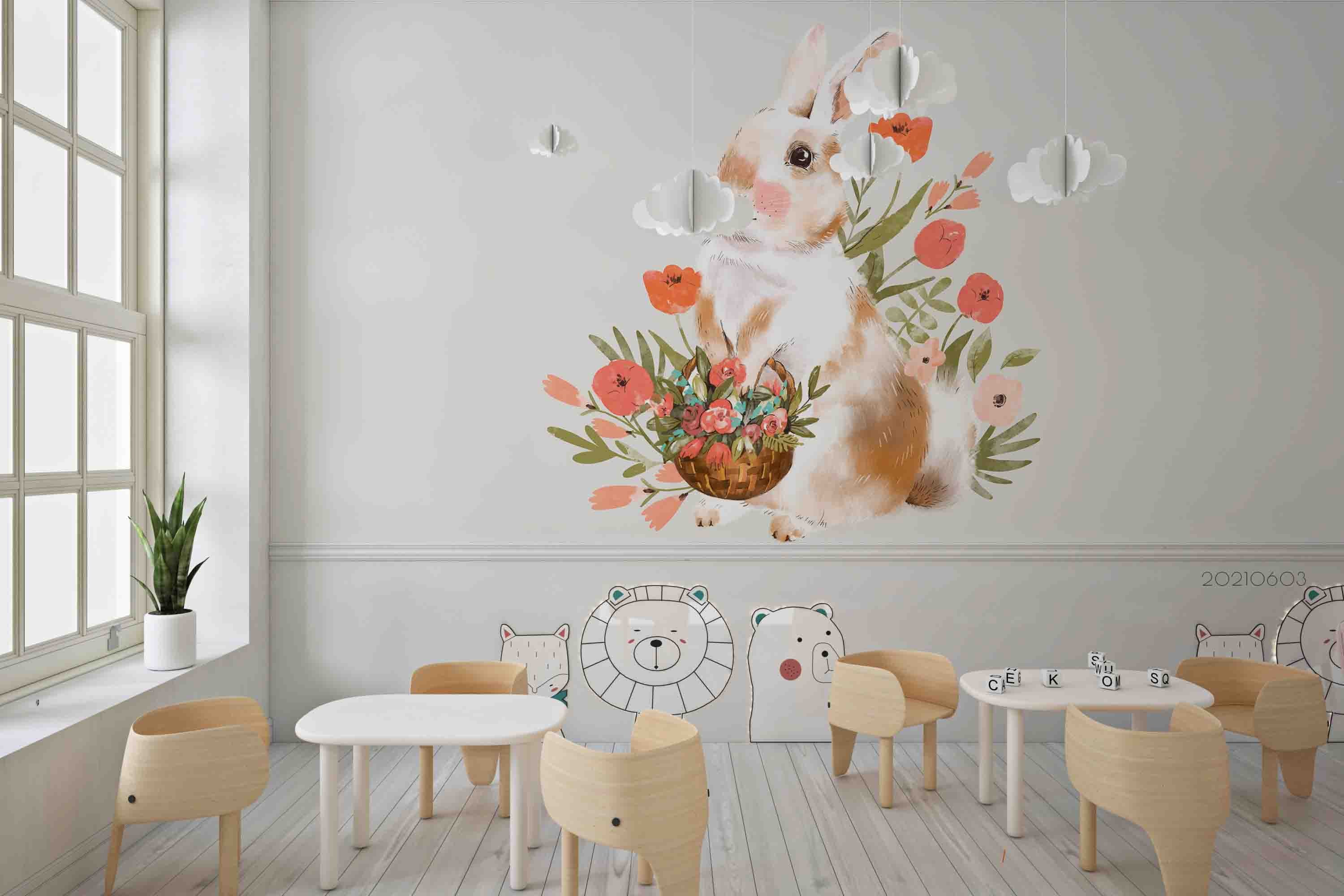 3D Bunny Floral Cartoon Watercolor Wall Mural Wallpaper Sww573