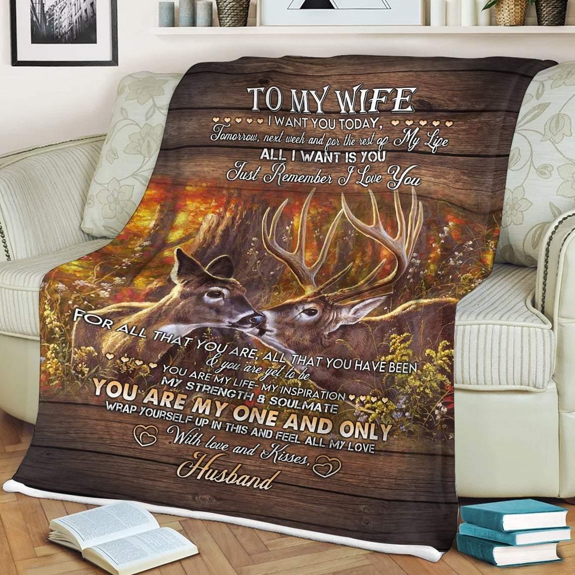 To My Wife Blanket, Couple Deer Blanket – Gift For Wifey, Love Wife, Gift For Family, Home Decor – Fleece Blanket