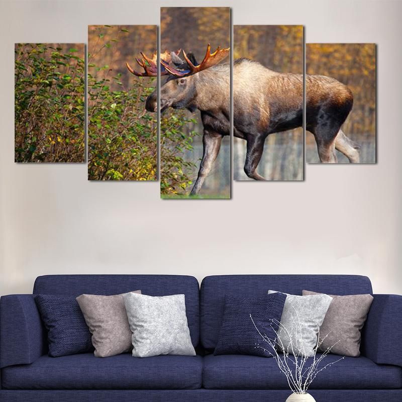 Animal Deer Walking Landscape Animal 5 Panel Canvas Art Wall Decor