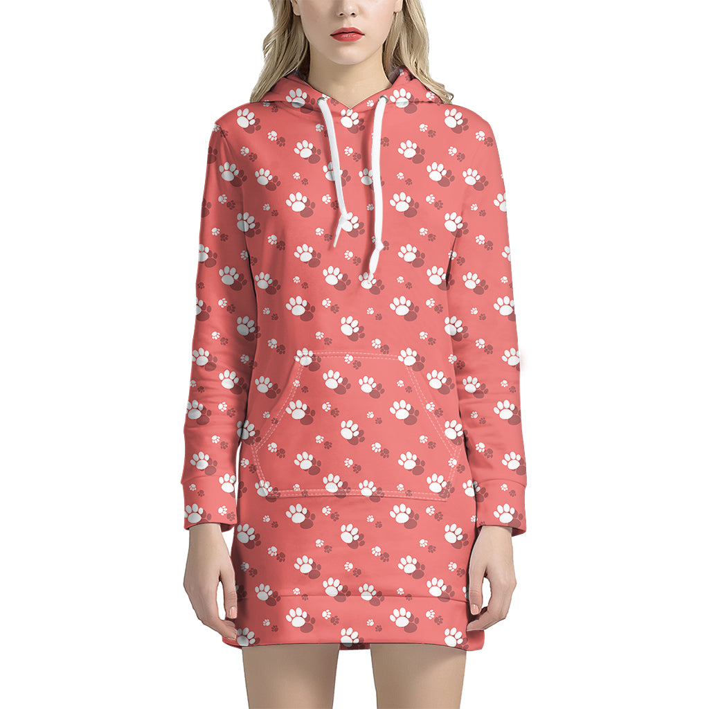 Pink And White Animal Paw Pattern Print Women’S Pullover Hoodie Dress