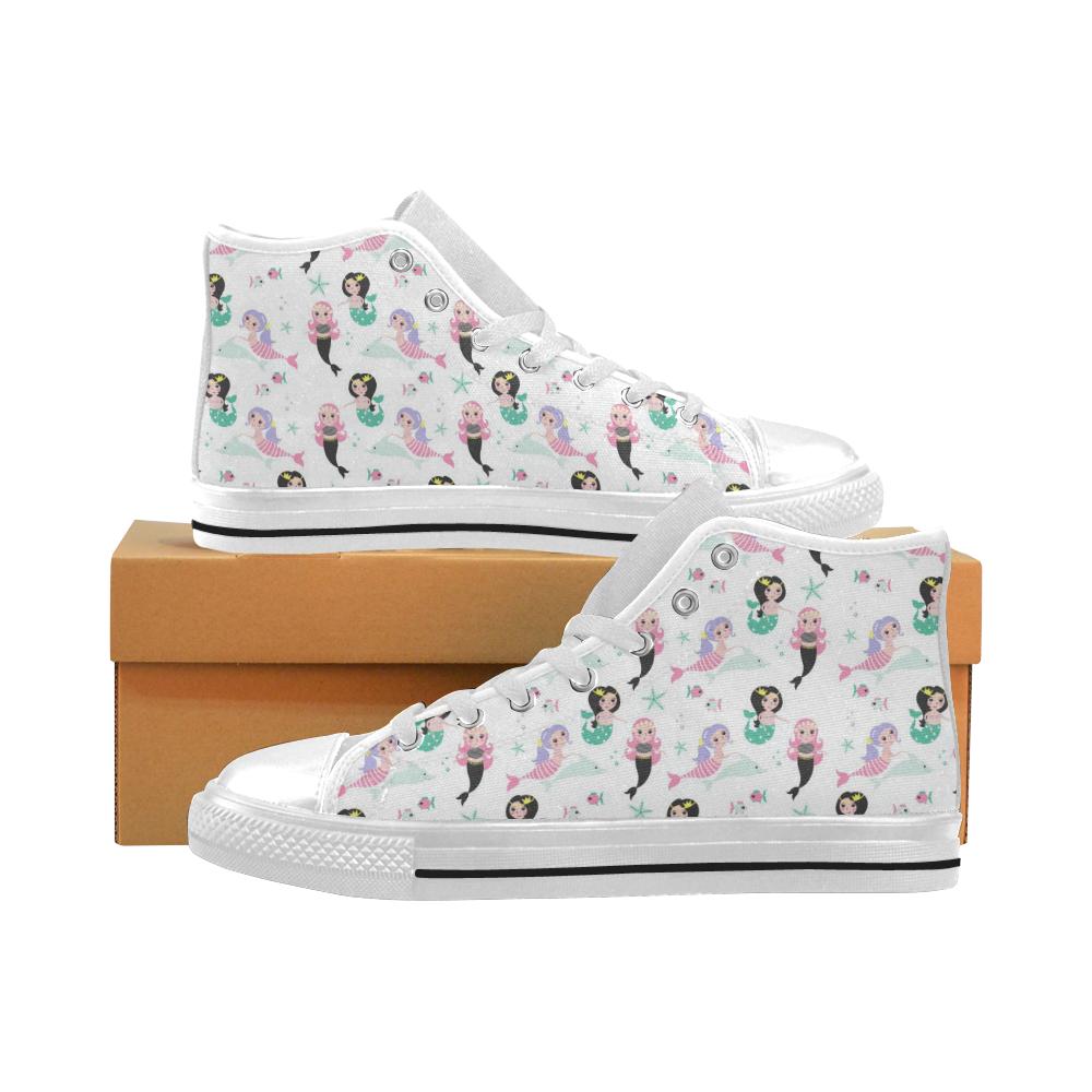 cute mermaid dolphin fish starfish pattern Men’s High Top Shoes White