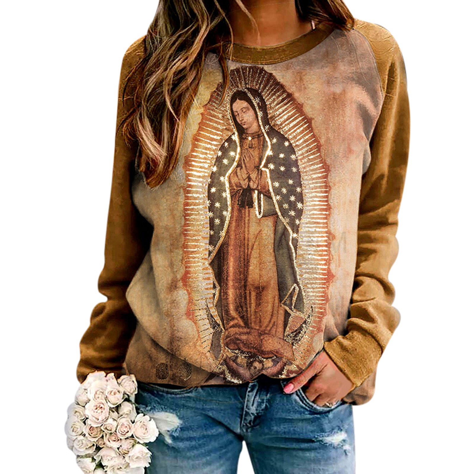 Women’s Long Sleeve Top Fashion Vintage Original Of Our Lady Guadalupe Virgin Mary Print Skin-friendly Sweatshirt For Girls alx