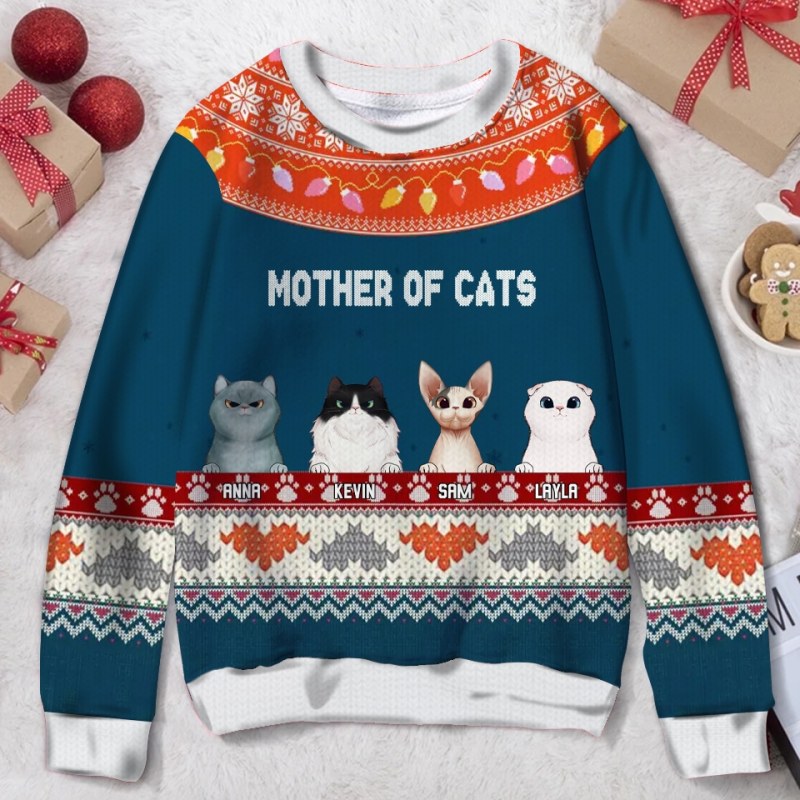 Personalized Custom Xmas Cat Ugly Christmas Sweater, Christmas Gift Idea For Cat Lover, Best Cat Mom Ever