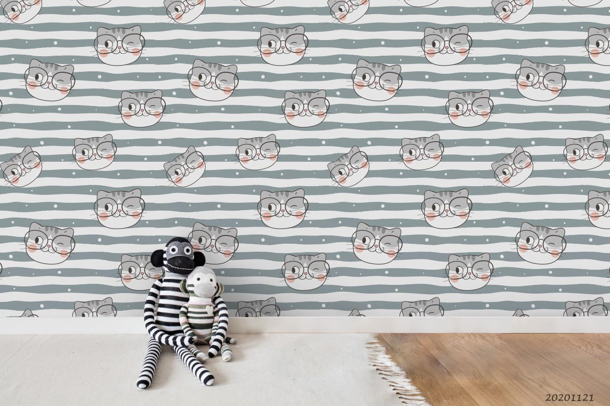 3D Cartoon Hand Drawn Glasses Cat Animal Pattern Stripe Wall Mural Wallpaper Lxl