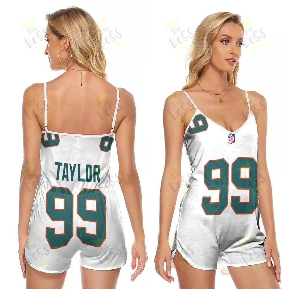 Miami Dolphins Jason Taylor #99 Great Player White 2019 Alternate Game 3D Designed Allover Gift For Dolphins Fans V-Neck Romper Jumpsuit