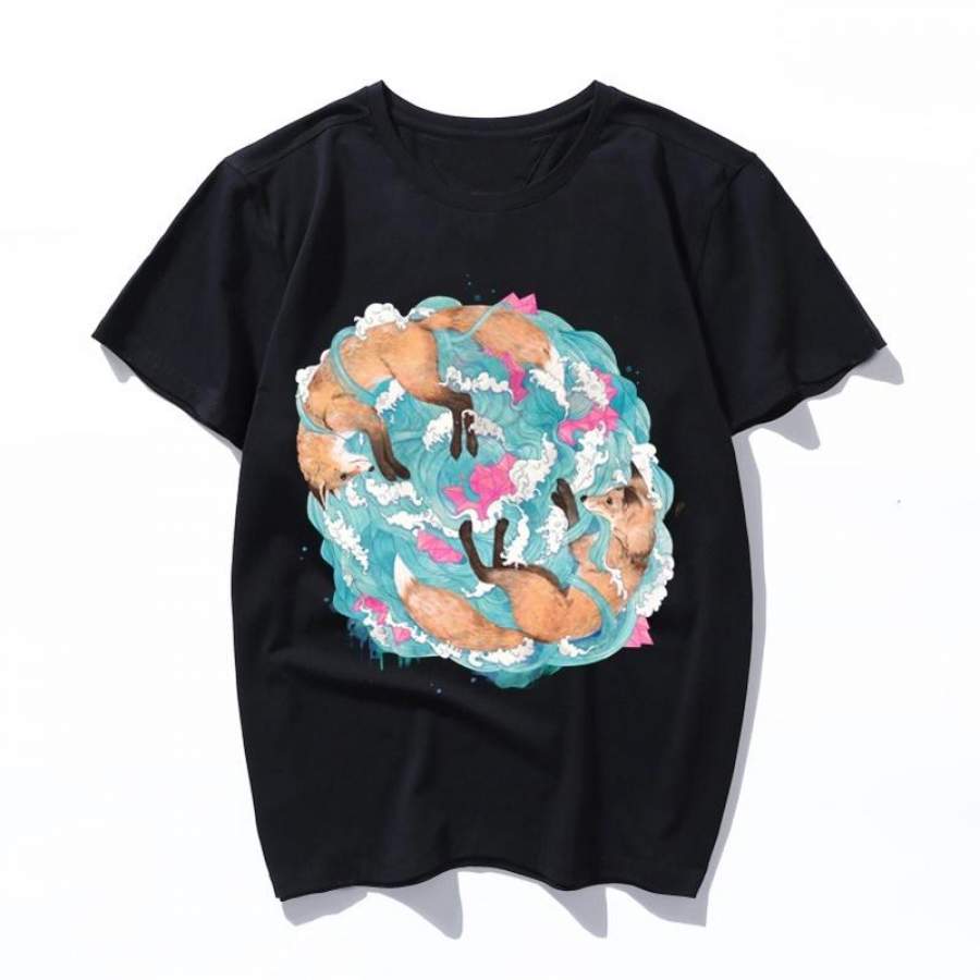 falling foxes Summer Cartoon Print T Shirt Women Men Harajuku Punk Aesthetic T-shirt Vintage Casual Streetwear Tops Tshirt Spoof Cartoon Short Sleeve