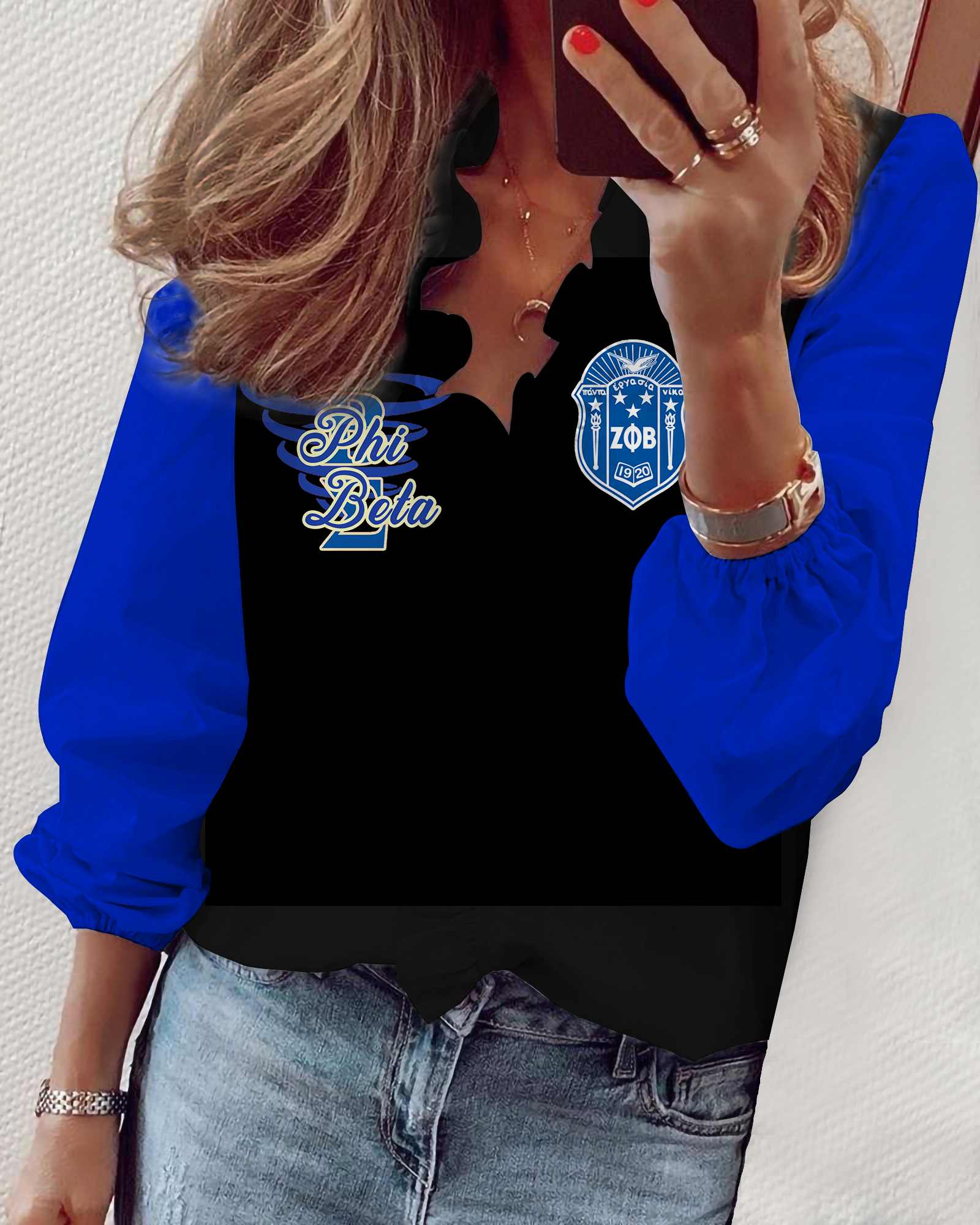 Zeta Phi Beta V-neck long sleeve lace shirt 01