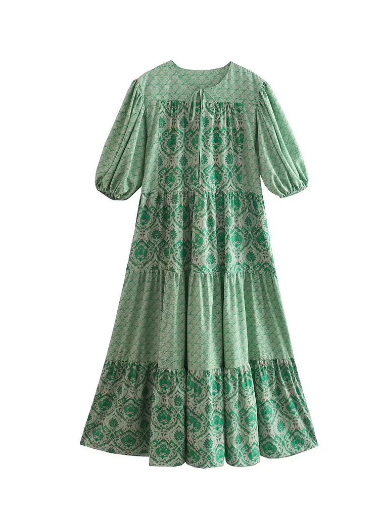 Vintage Chicn Green Floral Print Maix Hippie Dress Short Sleeve Bohemian Style Boho Dress Ethnic Beach Wear Vestidos Femme alx