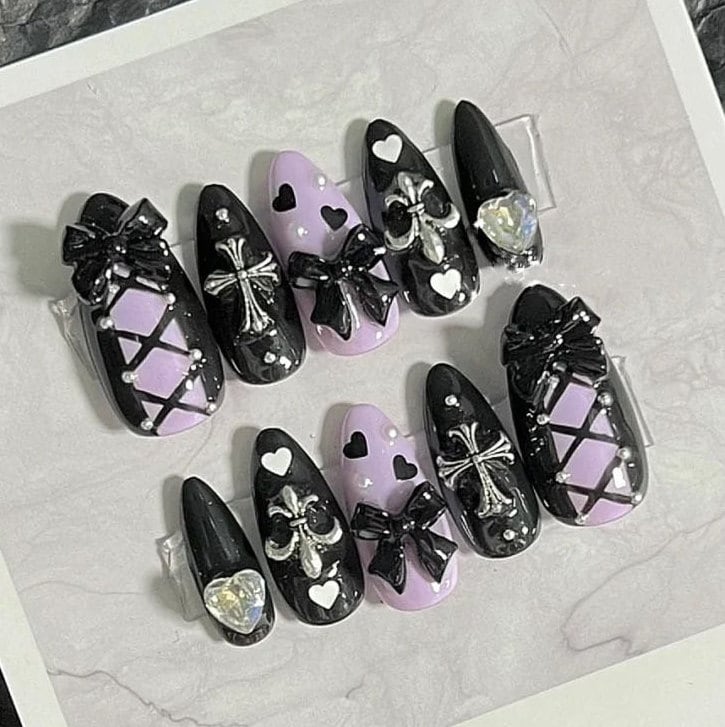 Black and Purple Chromme Charms Press On Nails/ Chromme Nails/ Black Anime  Fake Nails/Cute Nails/ Purple Lolita nails #227