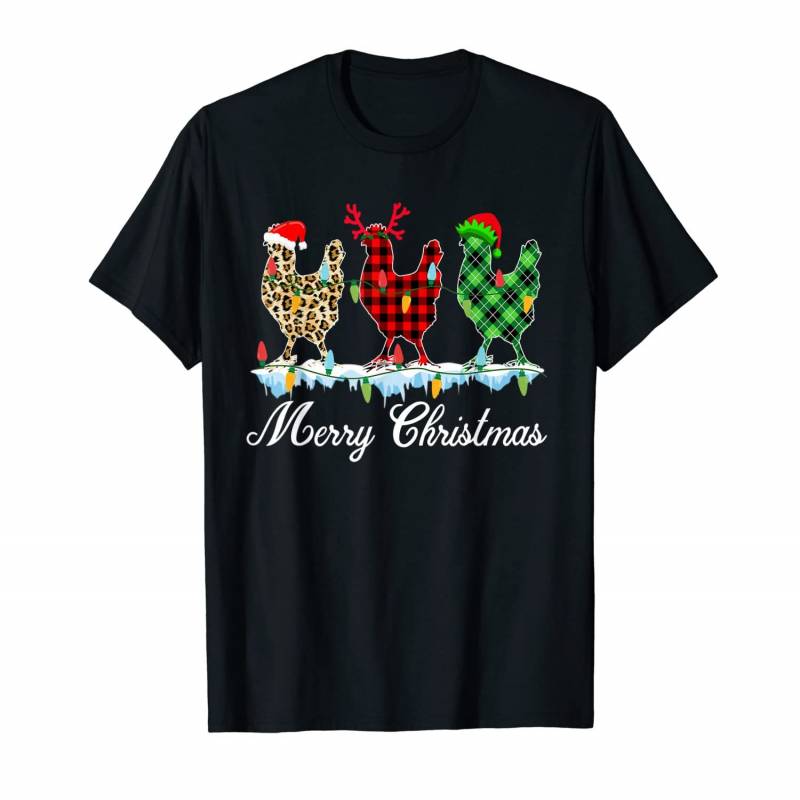 Three Chickens Leopard And Buffalo Plaid Farmer Xmas Gift T-shirt