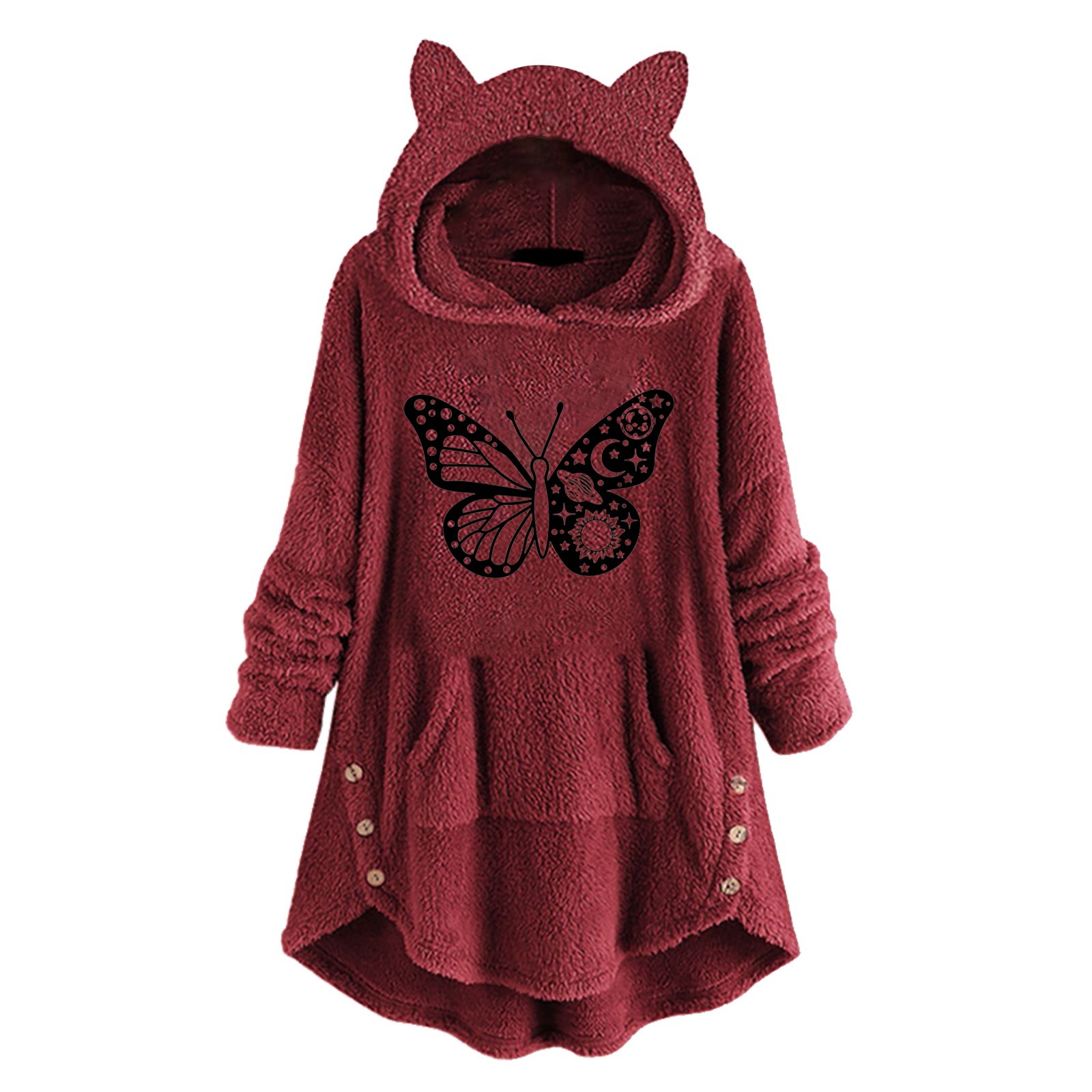 Butterfly Print Hooded Sweatshirts Women Long Sleeve Cat Ear Hat Hoodie Fleece Cute Print Top With Button Pockets Hoodies alx