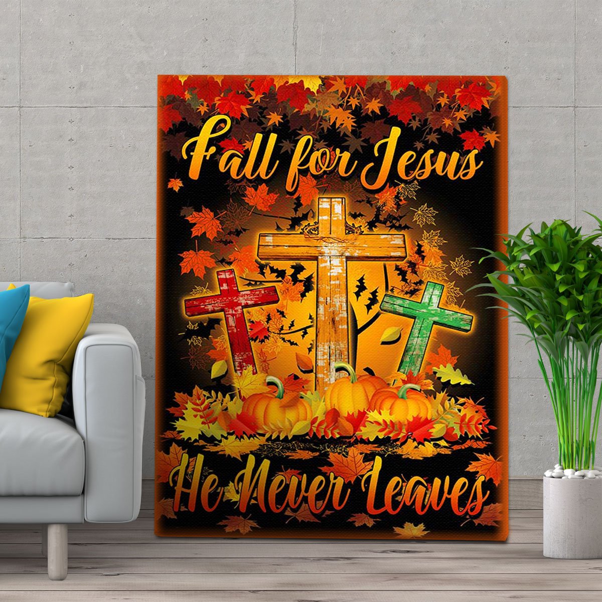 Personalized Thanksgiving Fall For Jesus He Never Leaves Wall Art For Christmas Gift – Canvas Prints Poster Wall Art