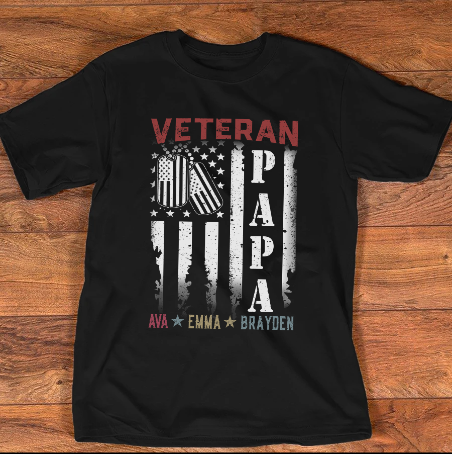 Apayprints – Veteran Papa  Personalized T-Shirt, S – 5XL, White Grey Pink Blue Black