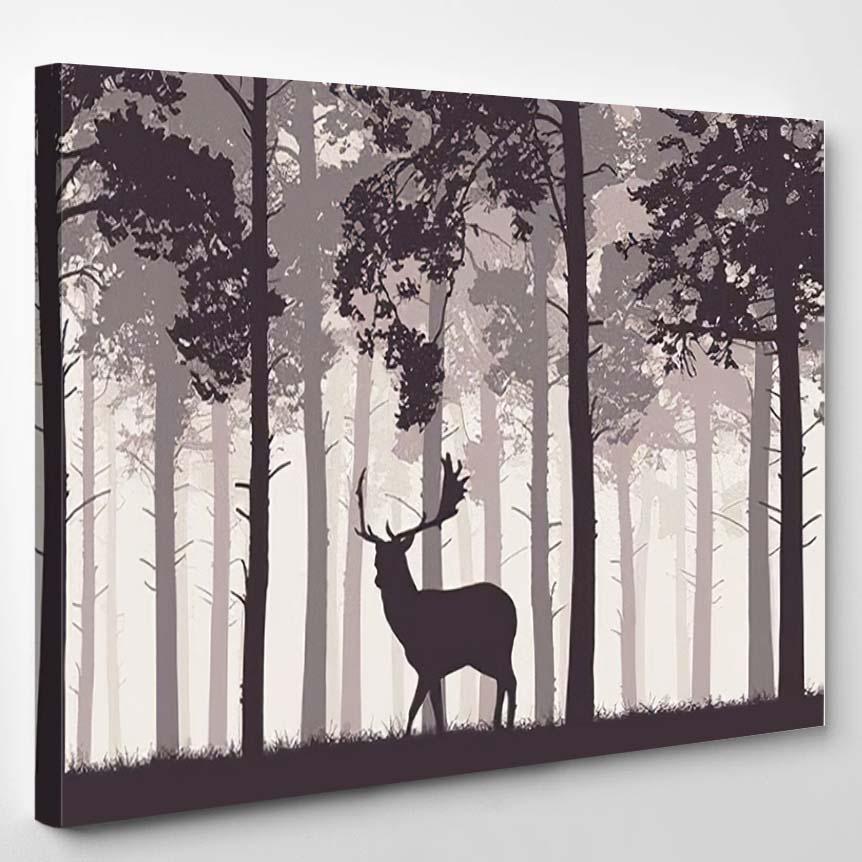 Retro Coniferous Forest Silhouette Fallow Deer – Deer Animals Canvas Print