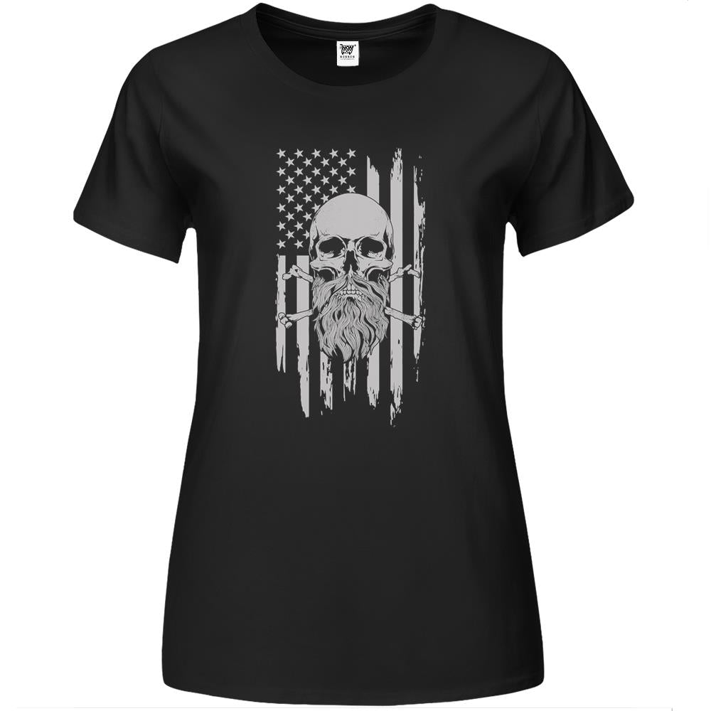 American Bearded Skull And Crossbones Flag Premium Womens T Shirts