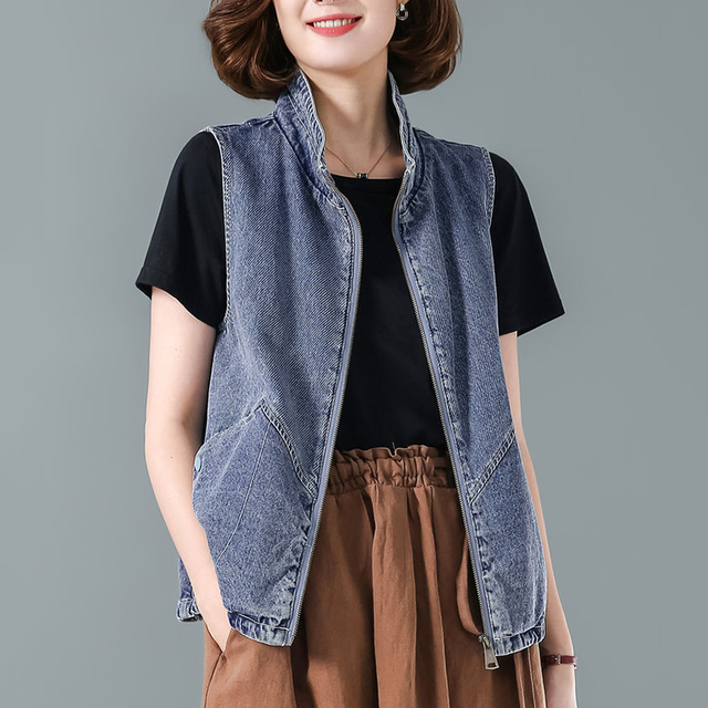 Street Stand Collar Jean Vest 2022 Fashion Loose Zip Up Denim Waistcoat Jacket Women Summer Sleeveless Denim Vests Chaleco Mujer alx