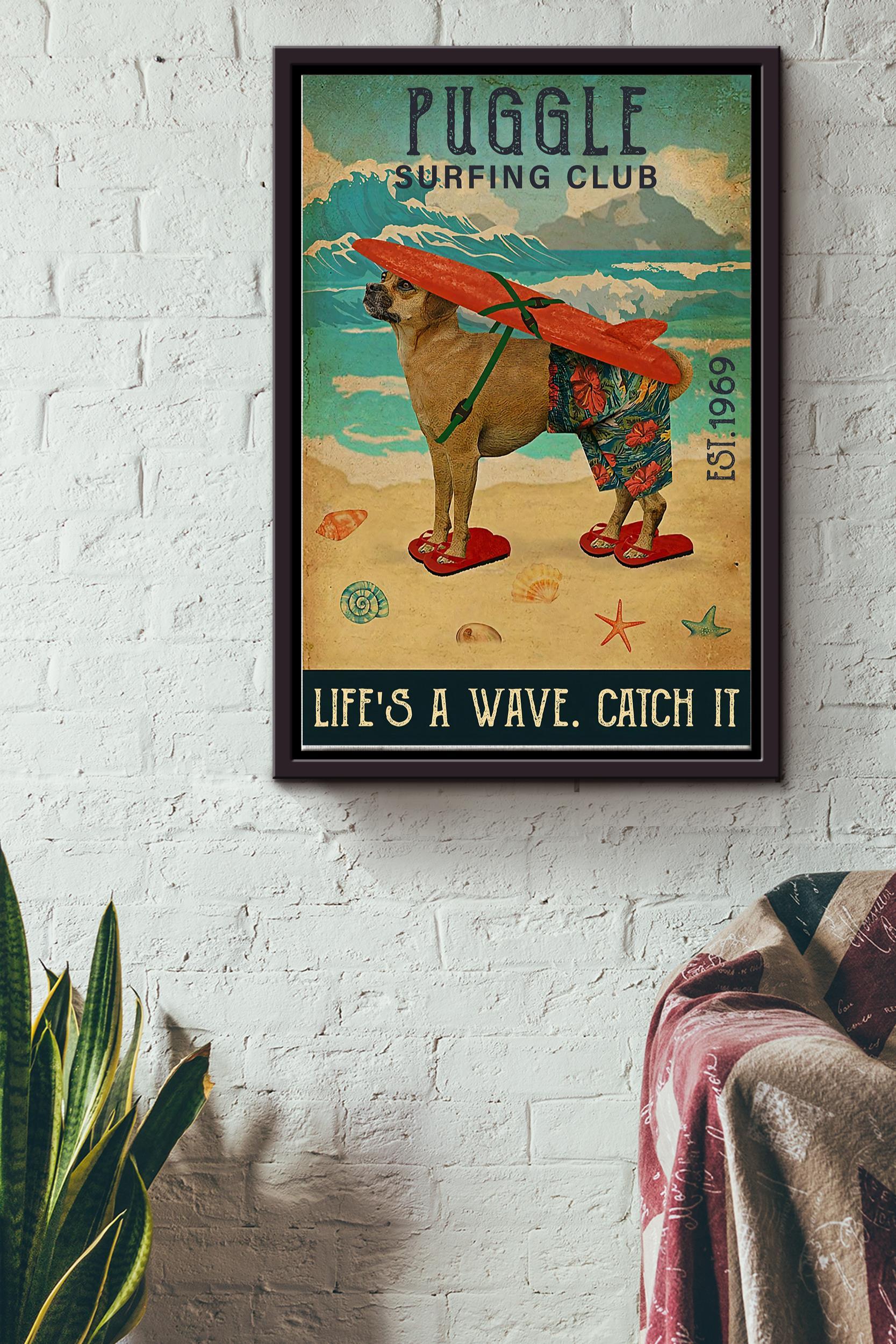 Puggle Surfing Club Poster – Animal Wall Art – Gift For Dog Lover, Swimmer, Home Decor, Dog Foster, Puppy Fan Framed Matte Canvas