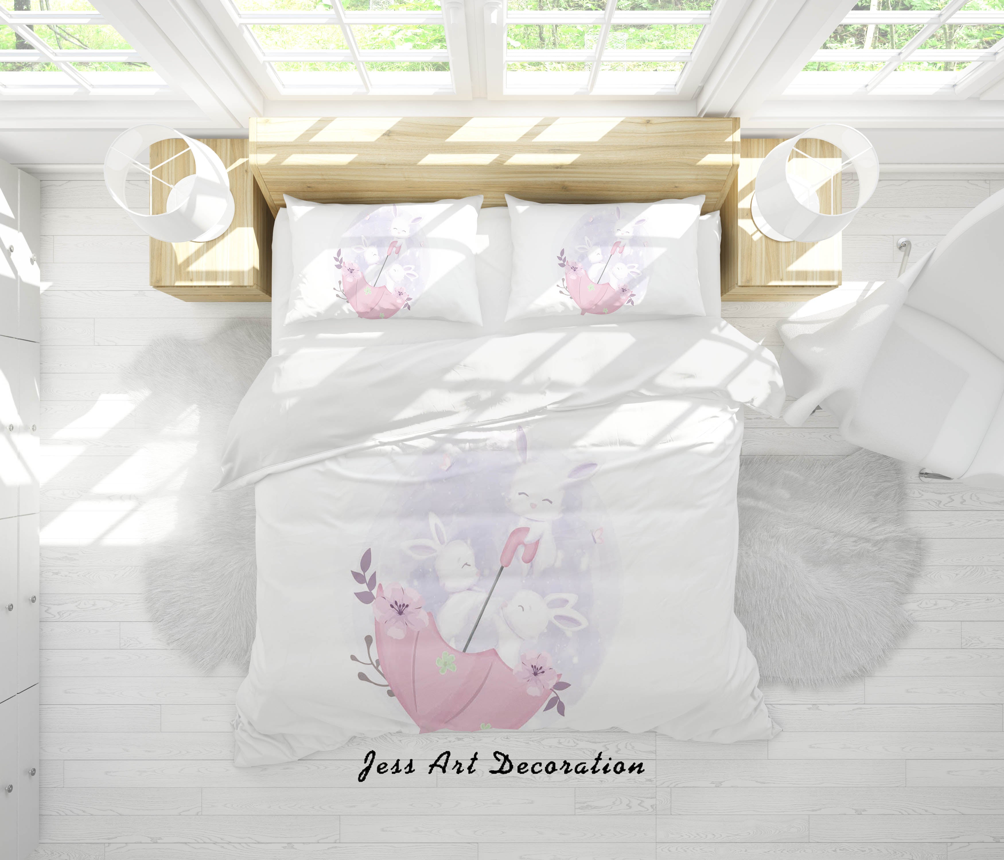 3D White Rabbit Umbrella Quilt Cover Set Bedding Set Duvet Cover Pillowcases Sf09