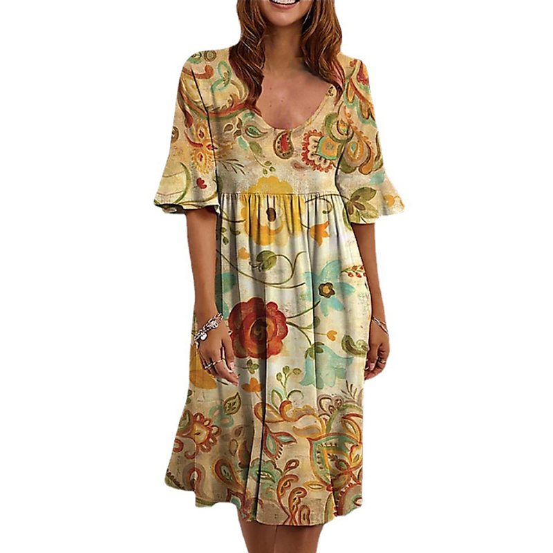 Women’s Plus Size Loose Dress O-Neck Floral Printed Dresses Knee Length Ruffle Sleeve Elegant Beach Party Summer Vintage alx