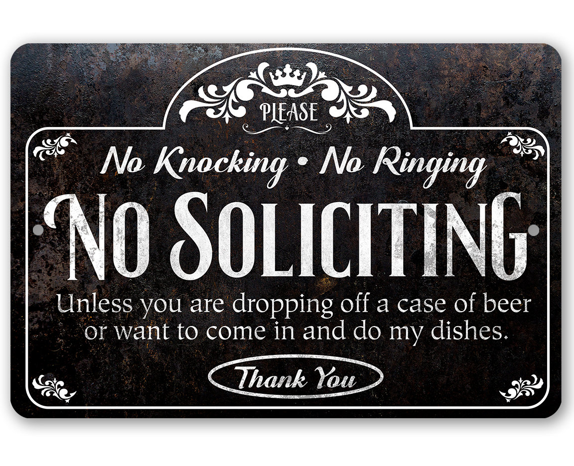 Metal Sign – No Soliciting, Knocking, and Ringing – Durable – Use Indoor/Outdoor – Great Artsy No Soliciting Sign for Home and Offices