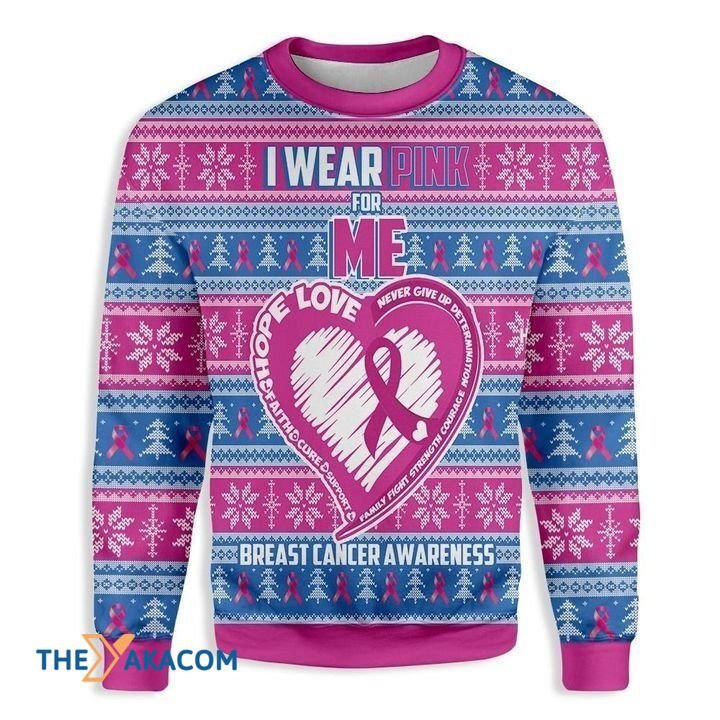 Snowflakes Pattern I Wear Pink For Me Breast Cancer Awareness Gift For Christmas Ugly Christmas Sweater