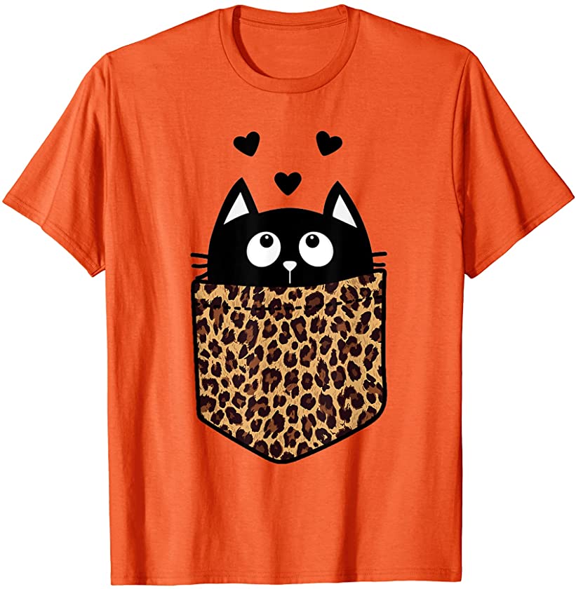 Black Cat Kitty In Leopard Pocket Halloween Costume Girl Boy T-Shirt