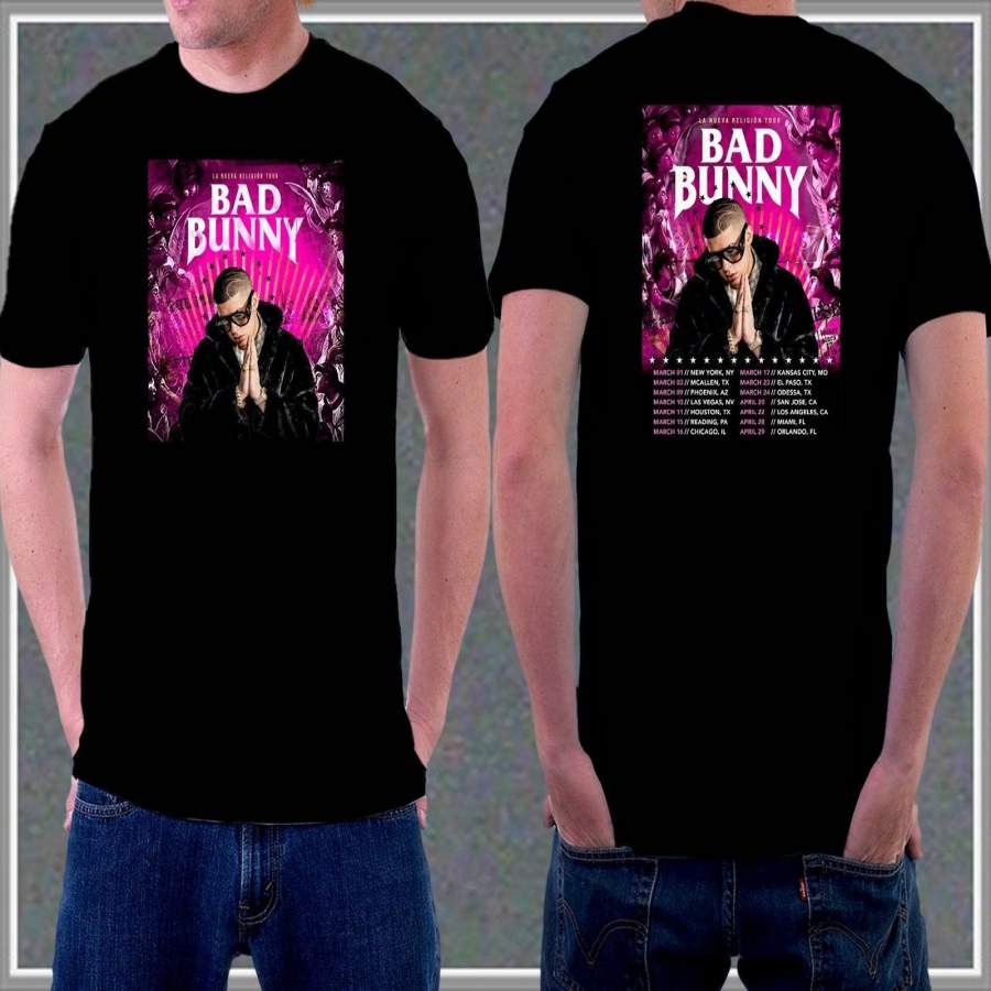 Mens Bad Bunny Tour the New Design Black T Shirt Cotton Tee