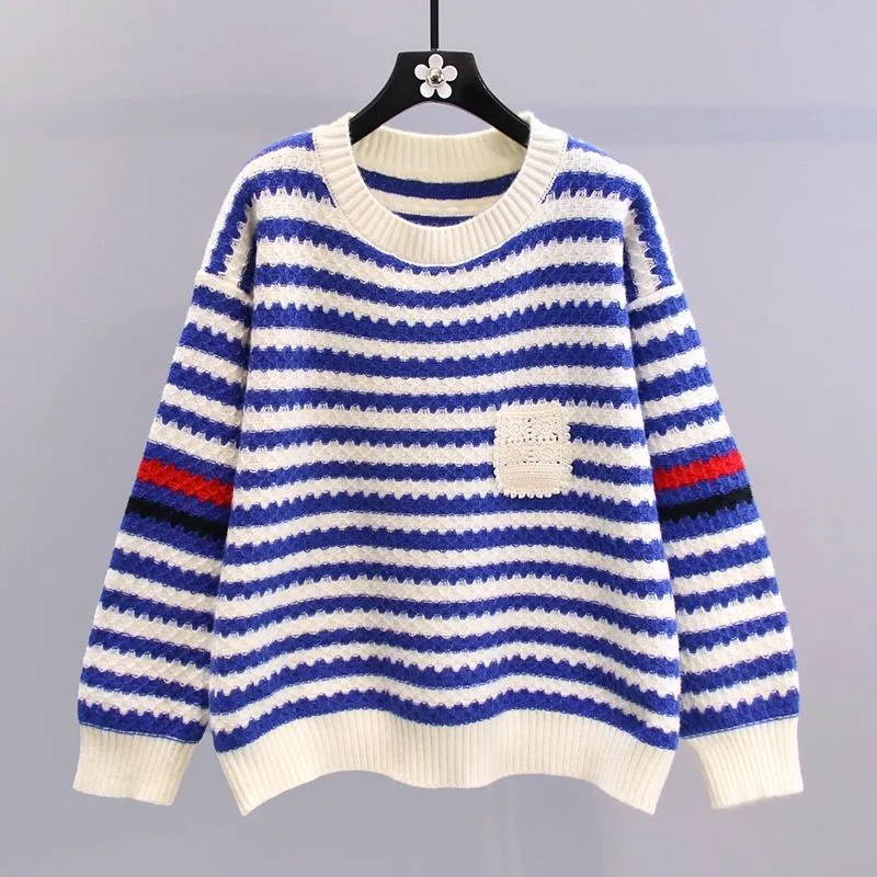 Striped sweater women’s spring and autumn new Korean fashion simple and elegant contrast color academic pullover knitted tops alx