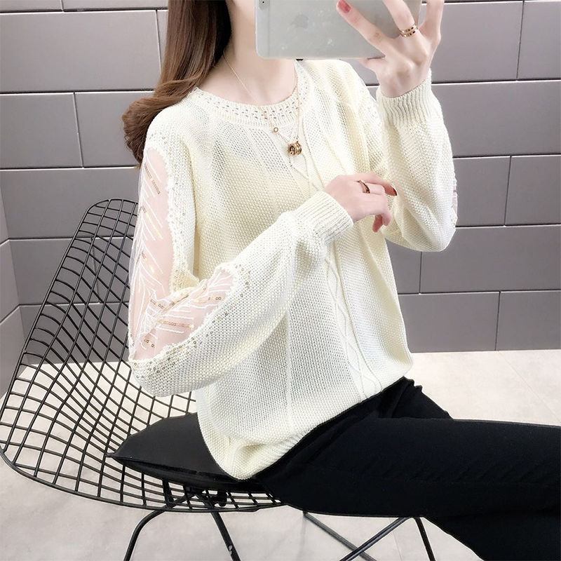 Spring And Autumn Round Neck Thin Sweater Women’s Loose Hollow Lace Stitching Long Sleeve Sweater Sequin Decorated Women’s Top alx