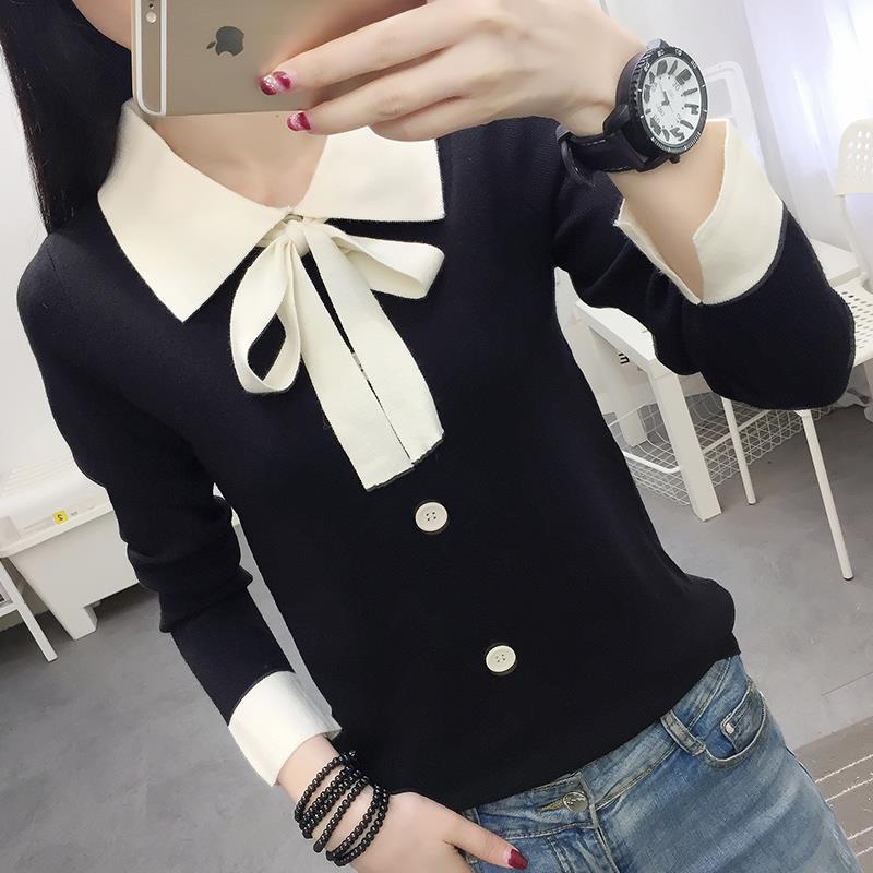 Top Women’s Autumn Clothing Bow Doll Collar Pullover Sweater Long Sleeve Loose Knitted alx