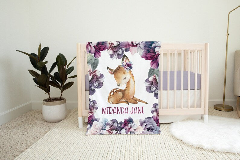 Personalized Baby Deer Blanket, Purple Floral Deer, Newborn Girl Woodland Blanket, Purple Floral Blanket