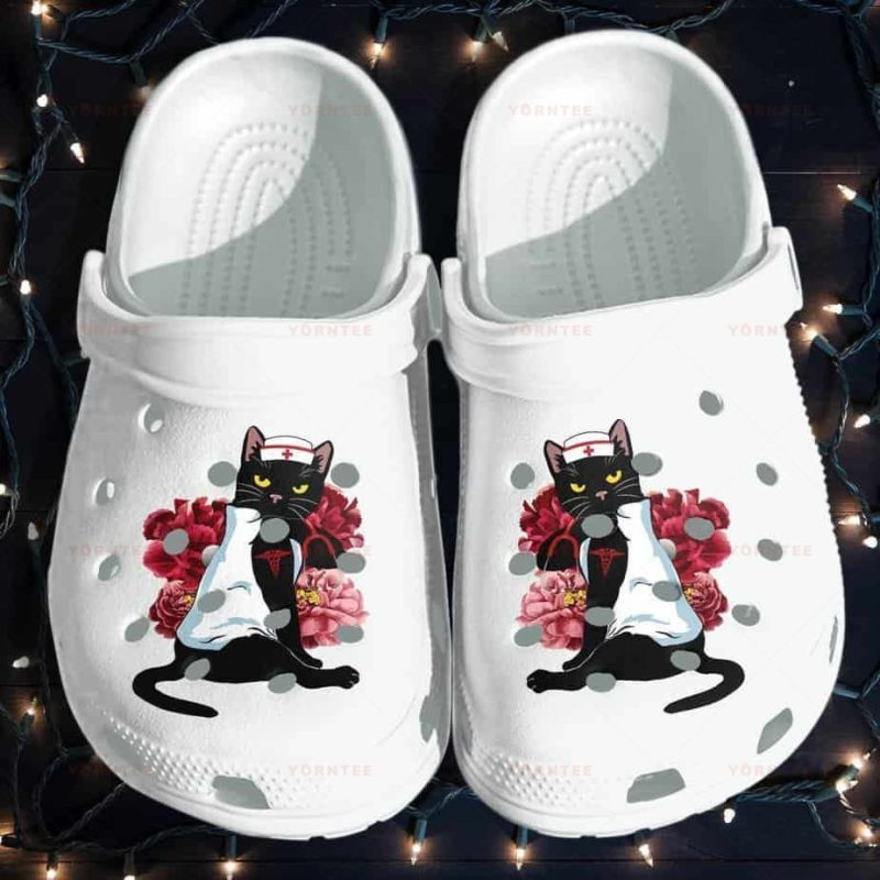 Black Cat Nurse Lover Flower Tattoo Gift For Lover Rubber clog Shoes Comfy Footwear