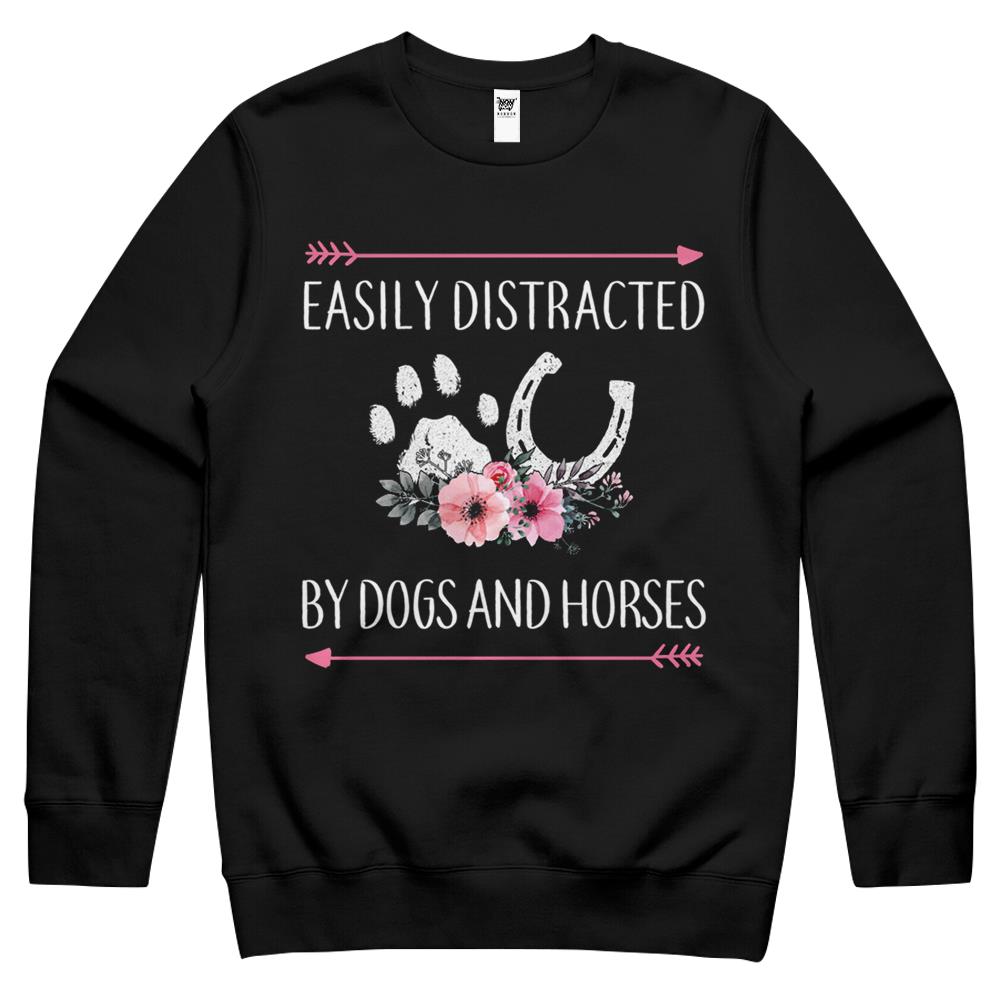 Easily Distracted By Dogs And Horses, Horse Gifts For Women Crewneck Sweatshirt