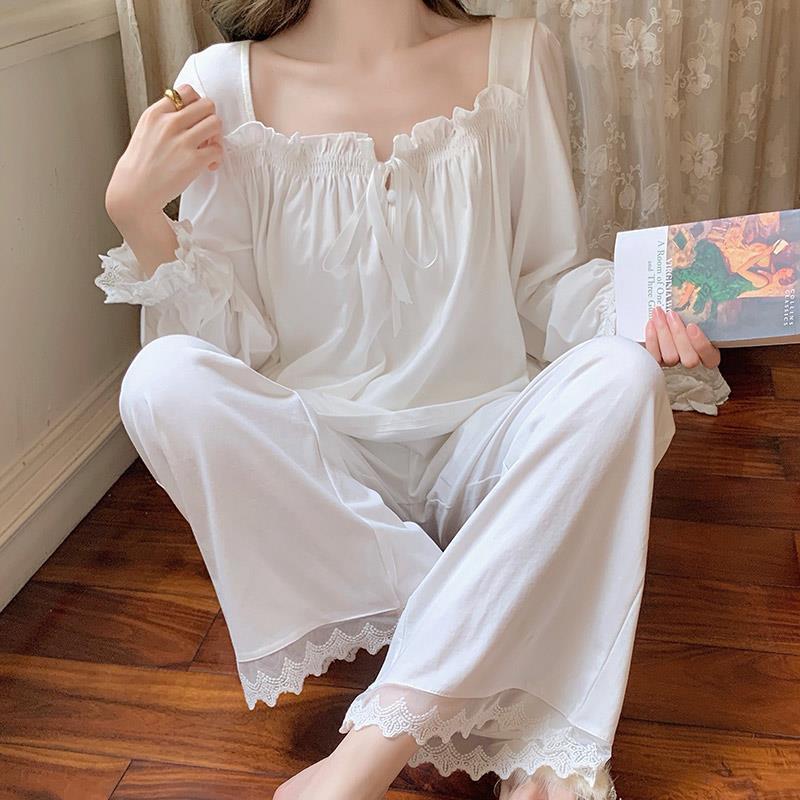 Autumn French pajamas set cotton White Nightwear Women long Sleeved Homewear Cute kawaii Lace Nightgowns Princess sleepwear alx