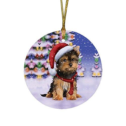 Winterland Wonderland Yorkshire Terriers Puppy Dog In Christmas Holiday Scenic Background Round Ornament