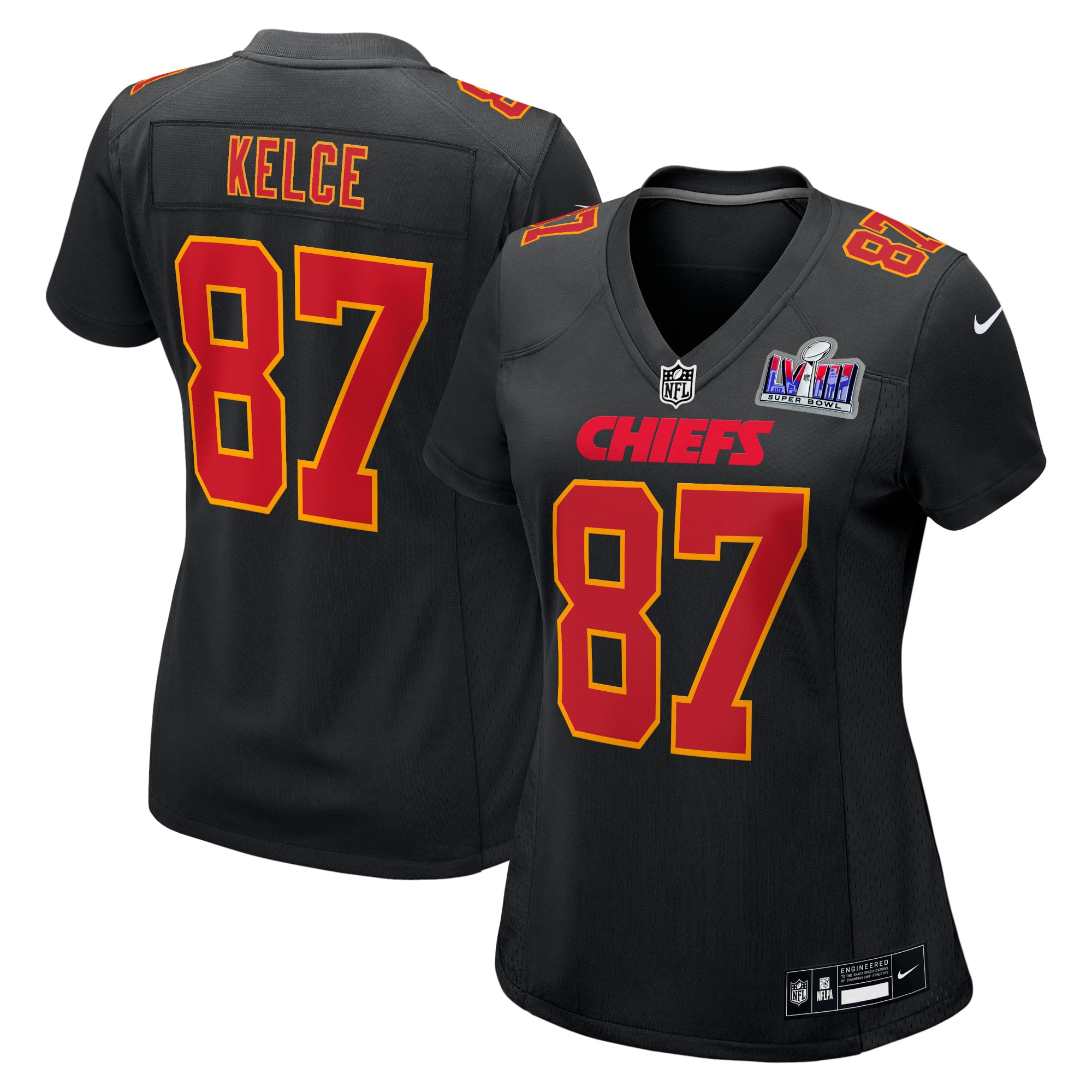 Travis Kelce Kansas City Chiefs Women's Super Bowl LVIII Carbon Fashion Game Player Jersey – Black