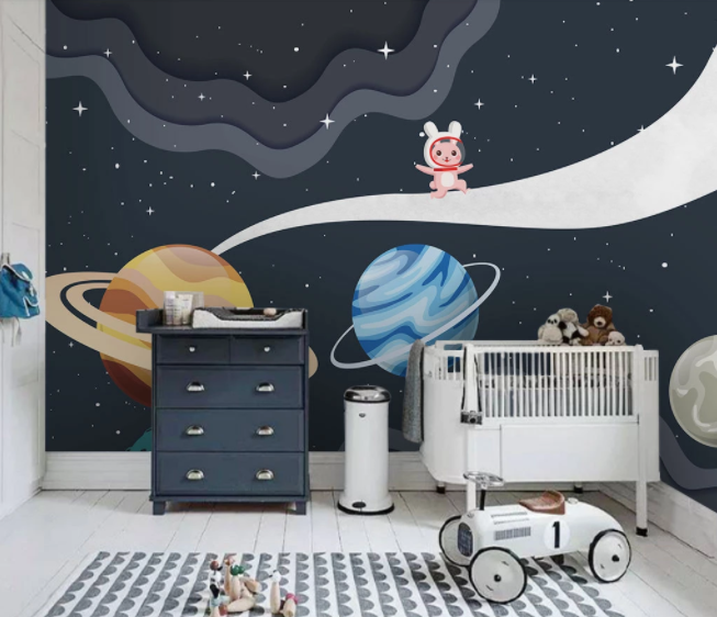 3D Cartoon Space Star Saturn Planet Baby Bunny Wall Mural Wallpaper Lxl