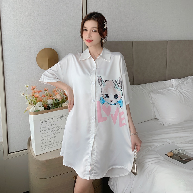 2022 New Summer Plus Size Short Sleeve Silk Satin Nightgown for Women Korean Sleepwear Night Dress Nightdress Nighty Can Outwear alx