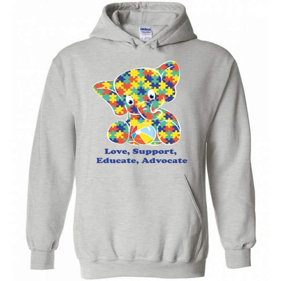 Autism Elephant Strong Love Support Educate Advocate – Gildan Heavy Blend Hoodie