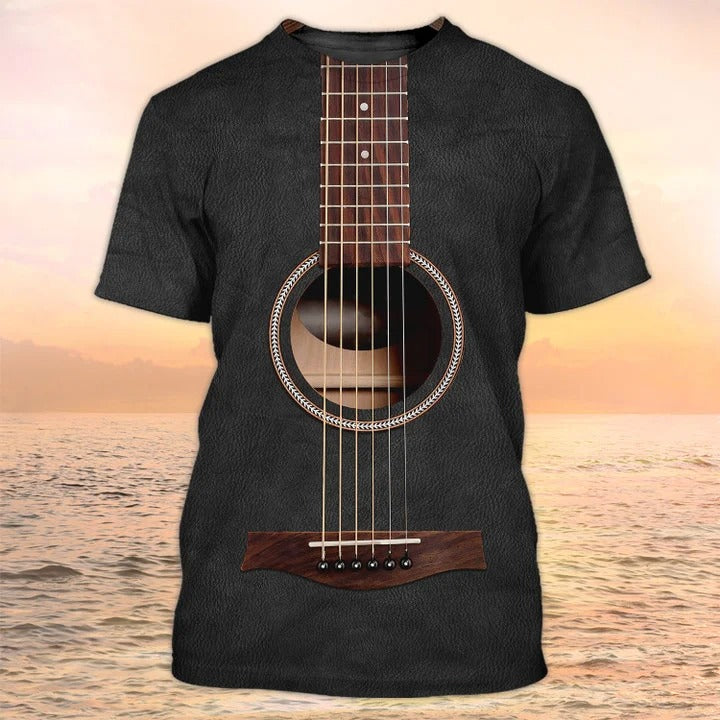 3D Full Printed Guitar On Shirt Black Leather Pattern, Guitar Club Uniform, Guitarist Shirt