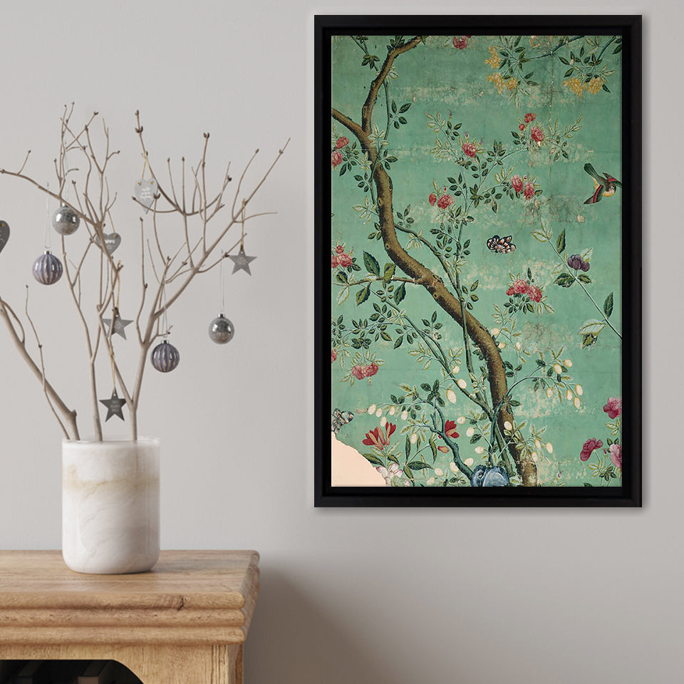 Camellia Chinoiserie Wallpaper Fragment Framed Canvas Print – Canvas Painting, Canvas Art, Wall Art, Wall Decor