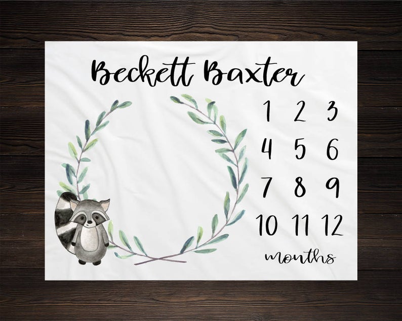 Woodland Milestone Blanket, Monthly Growth Tracker Soft Fleece Racoon Blanket, Baby Shower Gift, Newborn Gift Blanket, Watch Me Grow Baby Boy