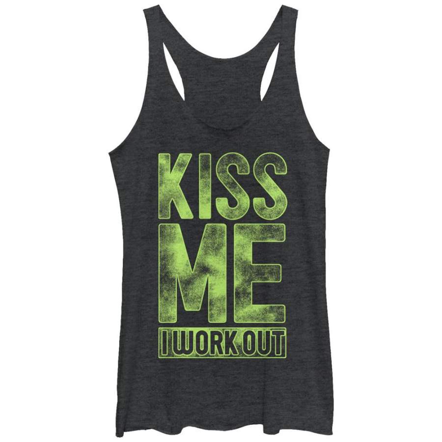 CHIN UP Women’s Kiss Me I Work Out  Racerback Tank Black Heather