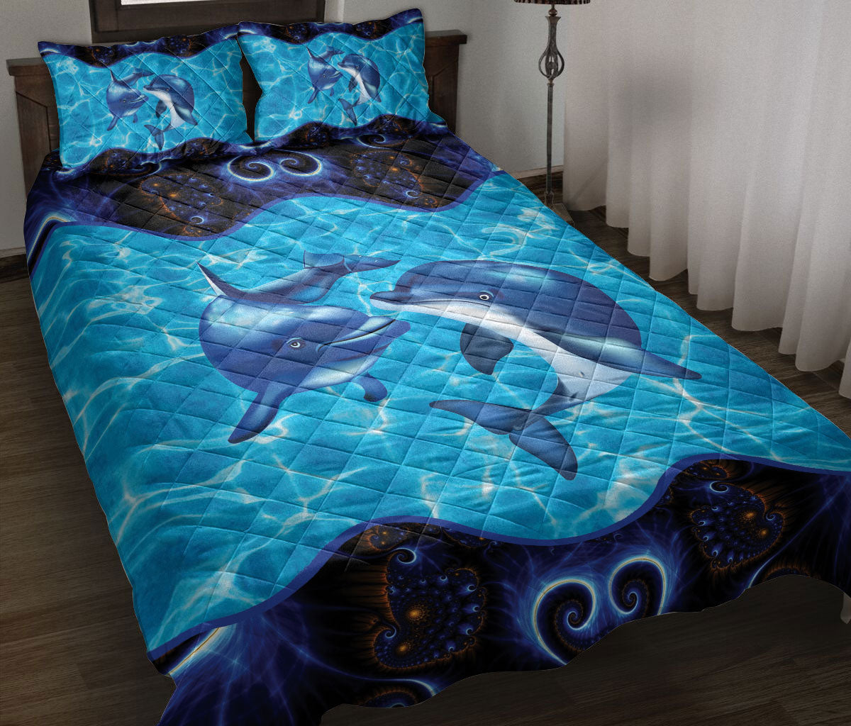 Dolphin Quilt Set, Dolphin Couple Undre Sea Ocean Quilt Blanket With Pillowcases, Quilt Bedding Set