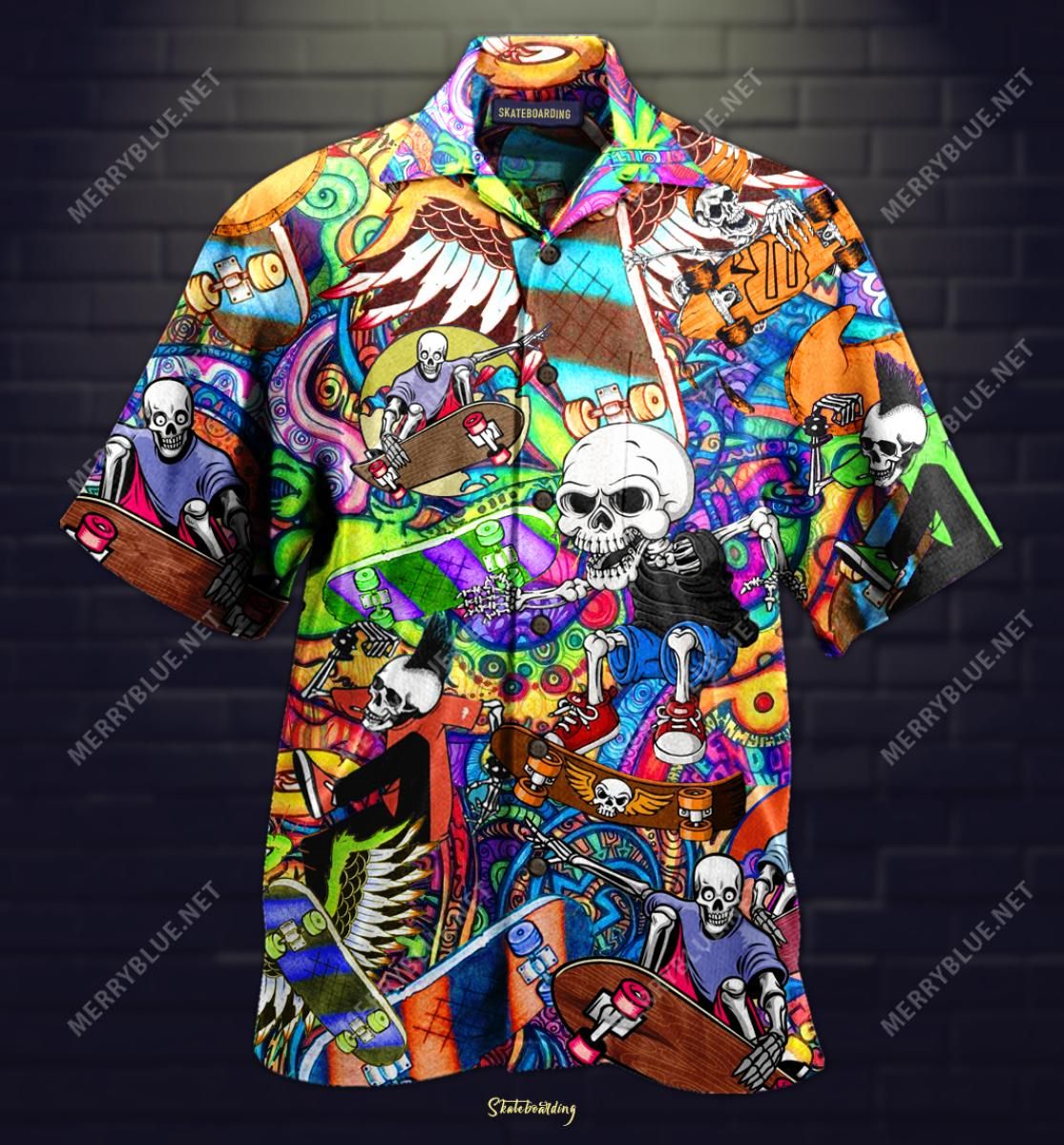 Amazing Skateboarding Skull Aloha Hawaiian Shirt Colorful Short Sleeve Summer Beach Casual Shirt For Men And Women